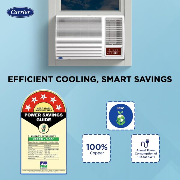 Carrier 1.5 Ton 5 Star Inverter Window AC(Copper, High Density Filter for Dust Filtration, 2Way Air Directional Control, ESTRA Fxi,CIW19SC5R35F0,White) - Image 11