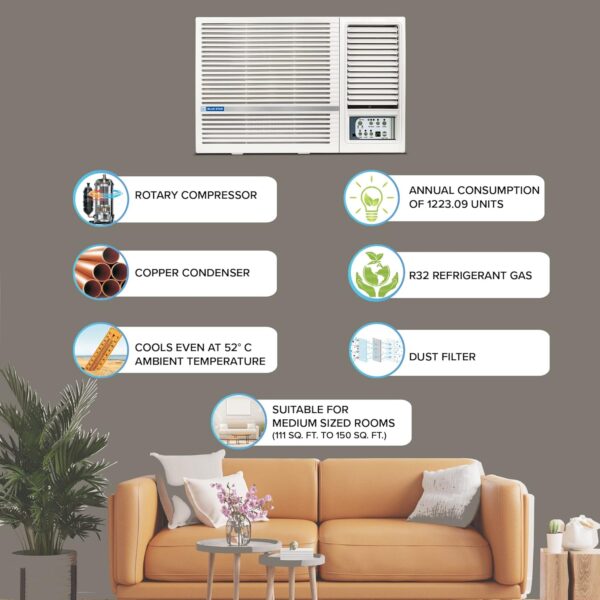 Blue Star 1.5 Ton 3 Star Fixed Speed Window AC (Copper, Turbo Cool, Fan Modes-Auto/High/Medium/Low, Hydrophilic Blue Fins, Dust Filters, Self-Diagnosis, WFD318L, White) - Image 17